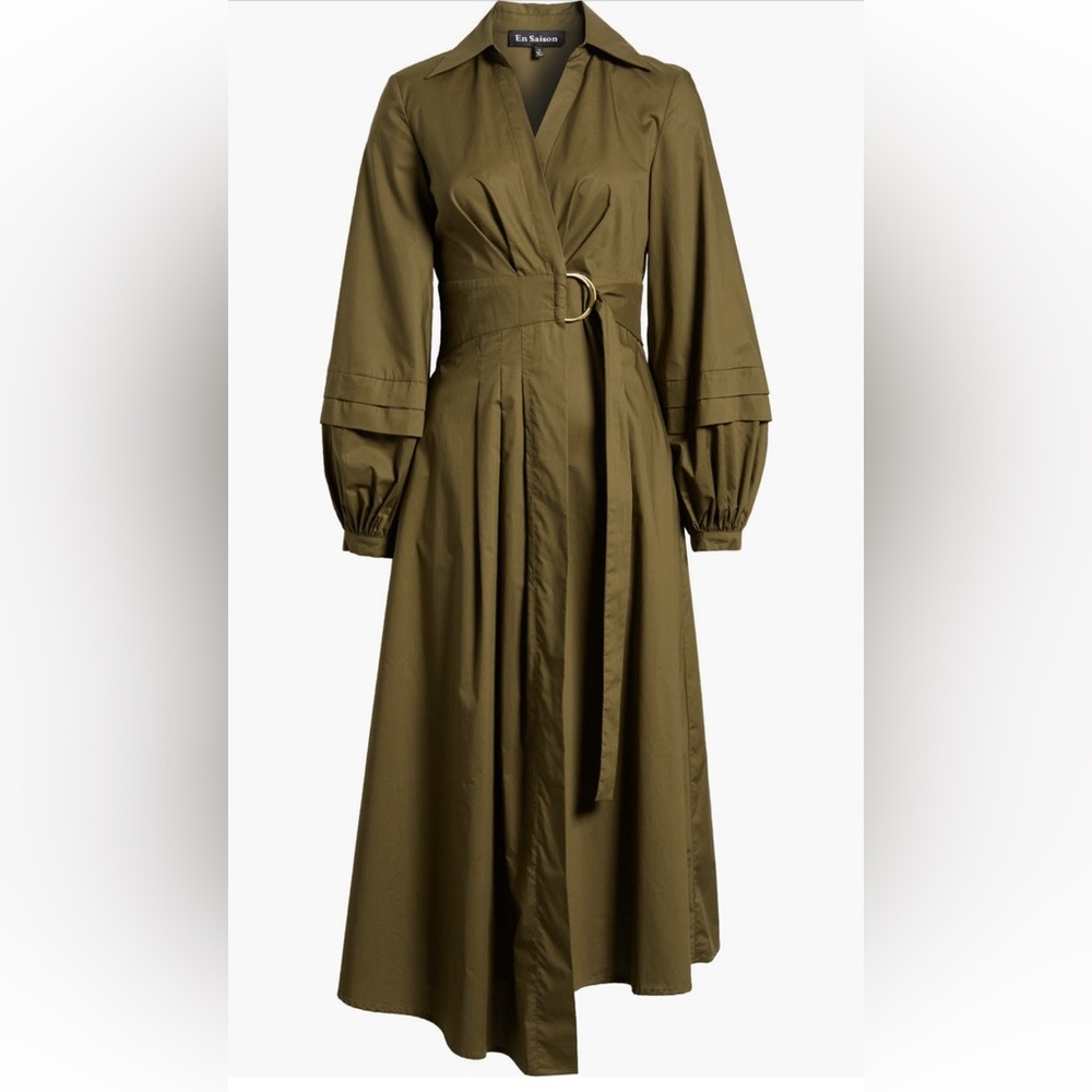 En Saison Olive Green Long Sleeve Midi Dress with Belt